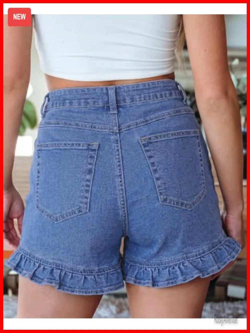 High Waisted Stretchy Denim Shorts with Ruffle Hem 4